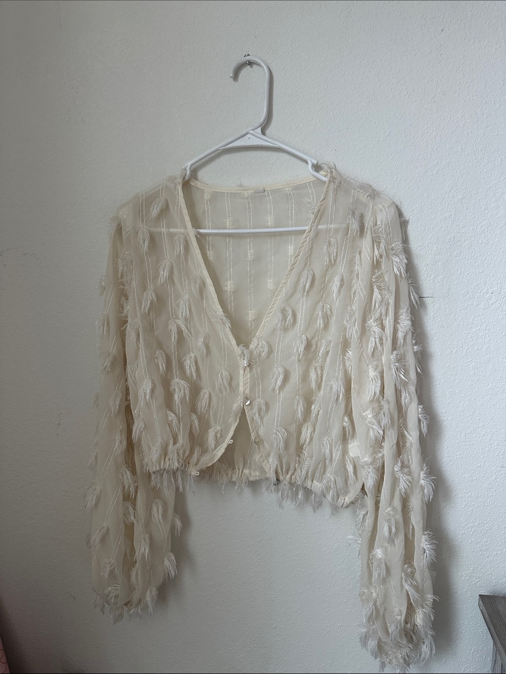 Ivory Feather-Trim Sheer Cropped Cardigan